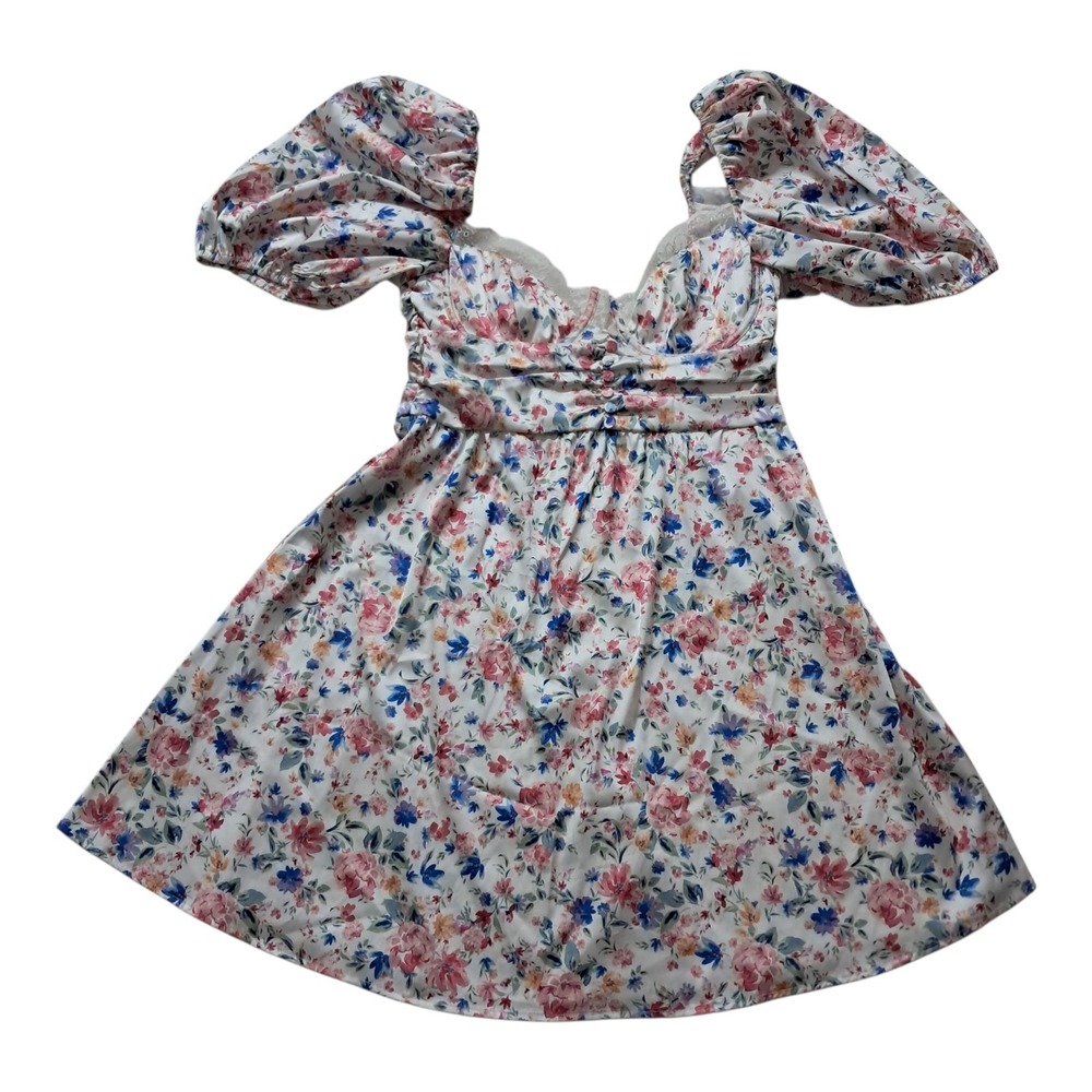 For Love & Lemons White Floral Mini Dress with Pink and Blue Flowers